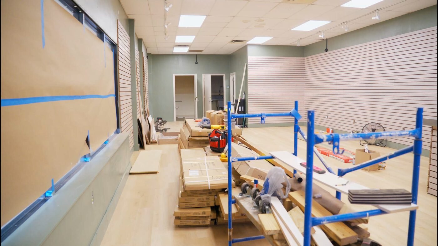Commercial renovation in progress — interior construction footage for a trades contractor